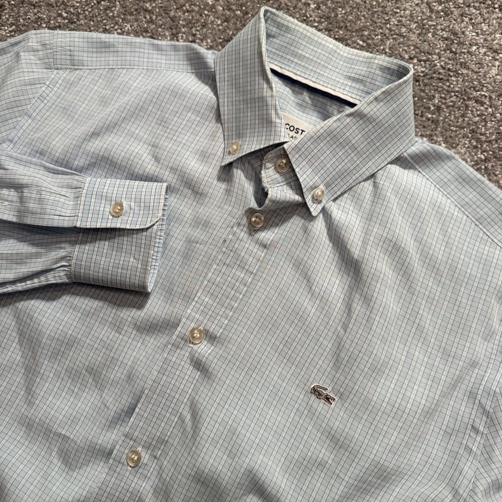 Lacoste Shirt Mens 15 Blue Micro Check Cotton Classic Fit Preppy Button Down